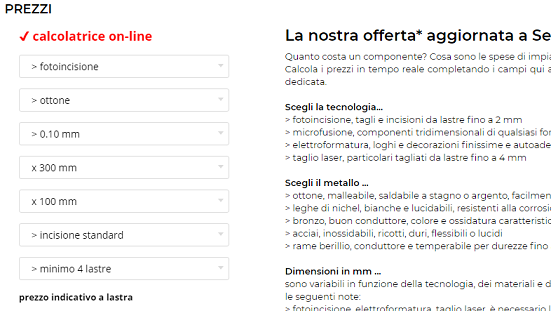 Calcolatrice prezzi fotoincisione e microfusione